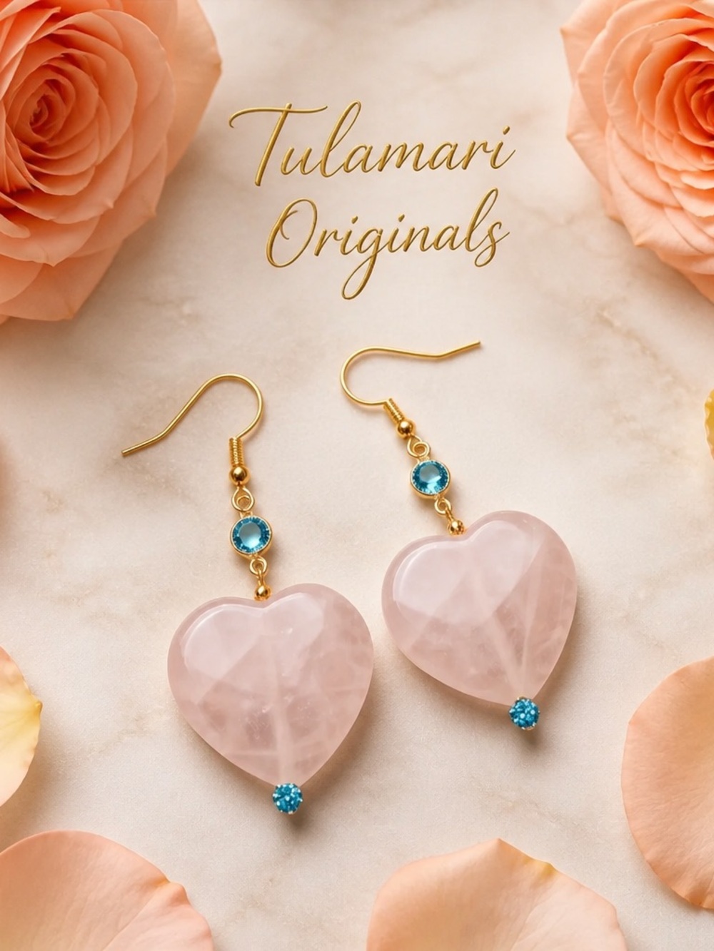 Rose Quartz Heart Earrings with Blue Topaz Handmade Pink Heart Dangle Earrings